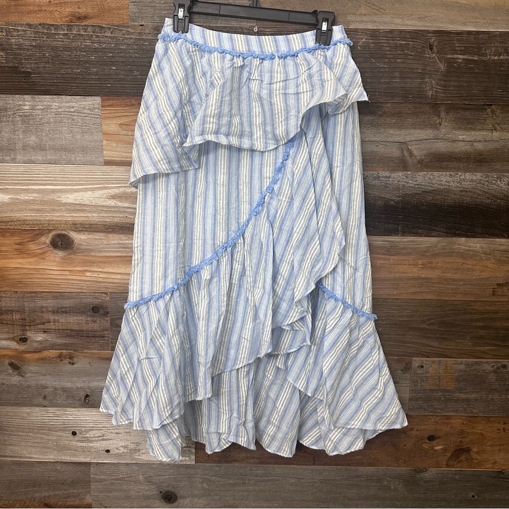 Anthropology Moon River Women Tiered Ruffle Striped Cotton Maxi Skirt Blue Small